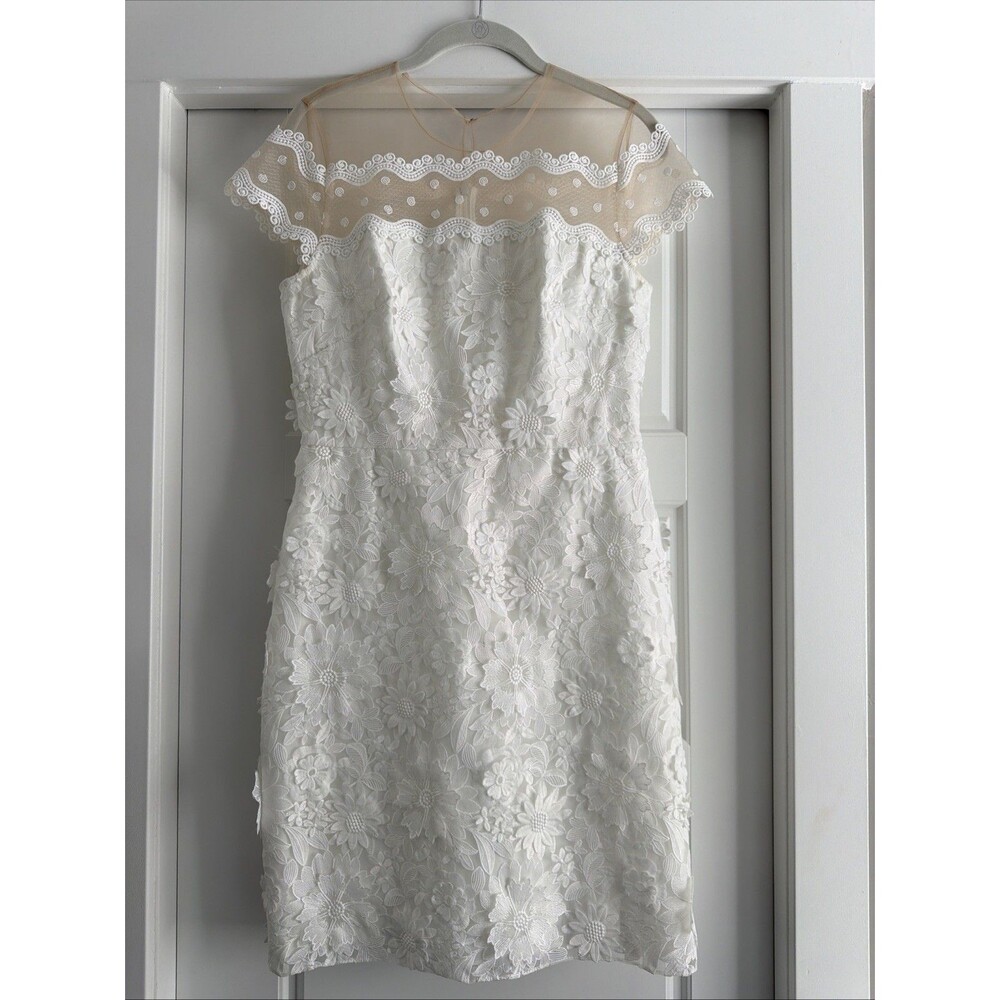Shoshann Short Sleeve Lace Floral Mini Dress Size 6 in White 100% Polyester